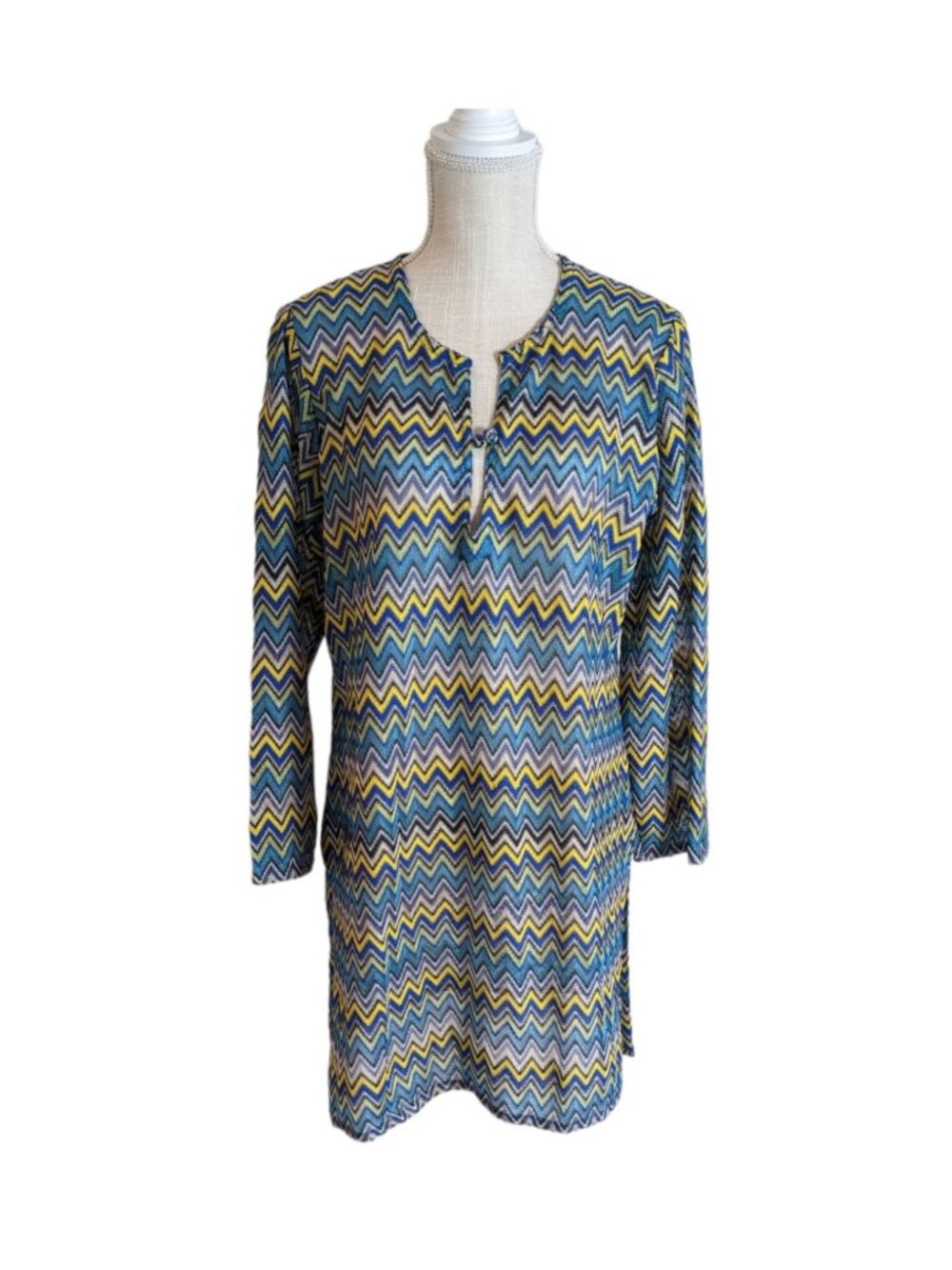 Women's Blue Yellow Mesh Chevron Swimsuit Cover-up Size Medium
